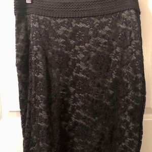 Black lace over gray, pencil skirt, stretch and comfy